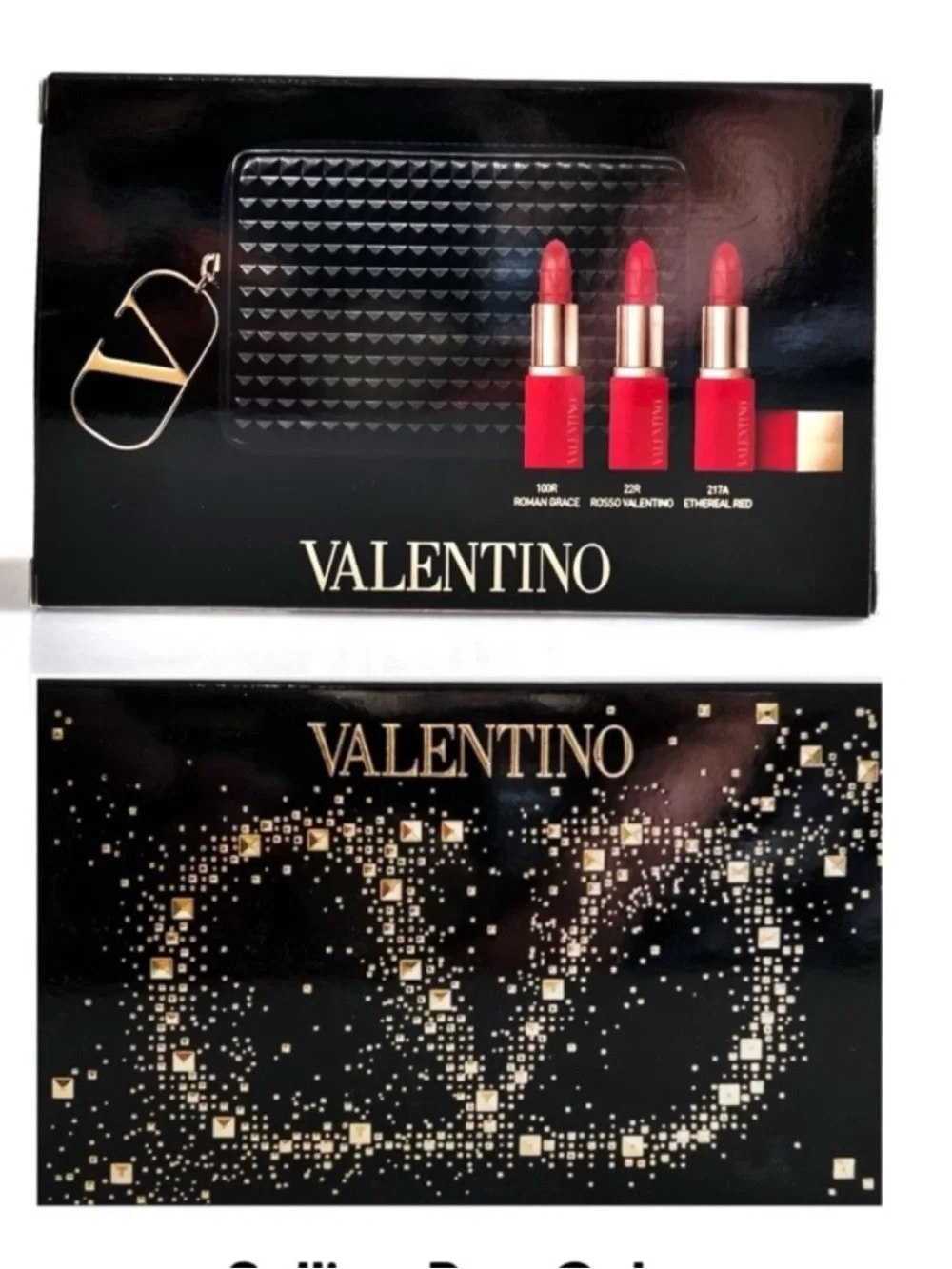 NIB Limited edition VALENTINO Mini Rosso Lipstick Trio w/ black studded bag.